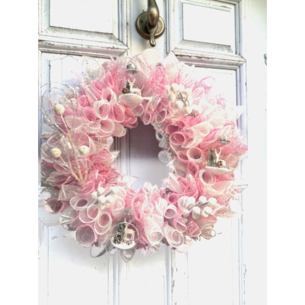 Pink and Silver Deco Mesh Christmas Wreath with Reindeer Ornaments and Berries